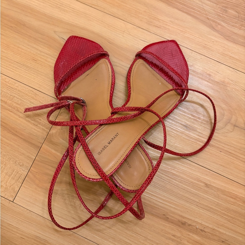 Isabel Marant Red Snakeskin Lace-Up Sandals - Aridee Sandal SZ 36